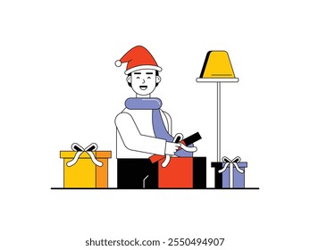 Man wearing santaclaus hat, unboxing gifts from family on Christmas day. Character design. Vector flat illustration