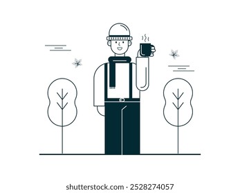 Un hombre con una bufanda y un sombrero está al aire libre bebiendo café caliente, el Clima frío está llegando. Diseño de personajes. Ilustración plana de Vector