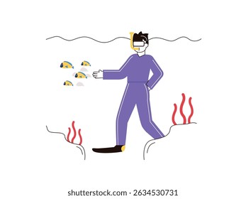 Man wearing scuba standing in water, summertime destination. Character design. Vector flat illustration