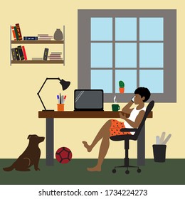 A man wearing shorts and a vest top sits at a table and works remotely in a cozy scandinavian interior. Flat illustration concept about freelancing or self- isolation during a pandemic