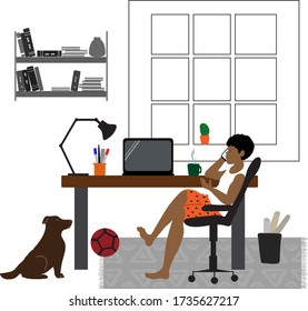 A man wearing shorts and a vest top sits at a table and works remotely in a cozy scandinavian interior. Flat illustration concept about freelancing or self- isolation during a pandemic