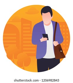 
Man wearing shoulder bag and using cell phone, employer 
