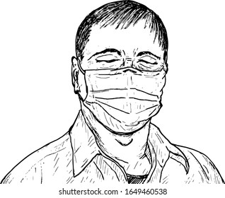 A man wearing a single ply face-mask. Hand drawn vector illustration.