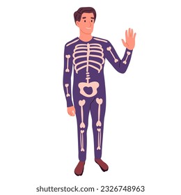 Man wearing skeleton costume. Halloween party masquerade male character. Trick or treat night flat vector illustration
