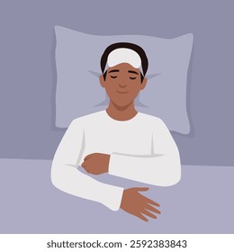 Man wearing sleep mask lies in bed with a relaxed expression, enjoying a restful sleep. Flat vector illustration isolated on white background