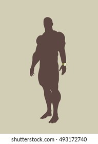 Man wearing smart watch. Bodybuilder posing. Human silhouette