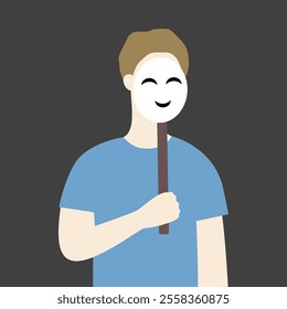 Man wearing smiling face mask. Communication, mental health, relationship, social, emotion concepts. Flat vector character design isolated illustration.