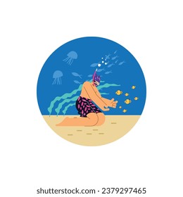 Man wearing a snorkeling mask underwater explores marine fauna, flat vector illustration isolated on white background. Snorkeling and diving sticker or banner design.