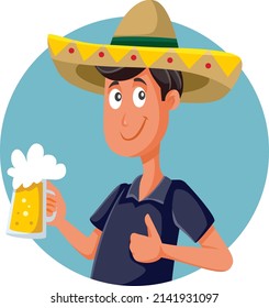 
Man Wearing Sombrero Hat Drinking Mexican Beer Vector Cartoon. Guy with lager mug celebrating Cinco de mayo
