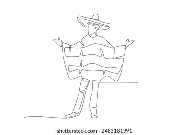 Man wearing sombrero hat and poncho. Mexican culture concept one-line drawing