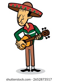 A Man wearing sombrero hat, singing a traditional music with acoustic guitar. Best for sticker, logo, and mascot with Mexican Culture themes