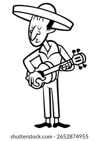 A Man wearing sombrero hat, singing a traditional music with acoustic guitar. Best for outline, logo, and coloring book with Mexican Culture themes