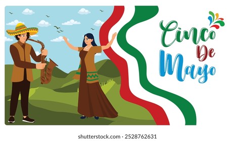 Homem usando um sombrero e tocando trompete. Uma mulher dança com música Mariachi. Conceito Cinco de Mayo. Ilustração de vetor plano.