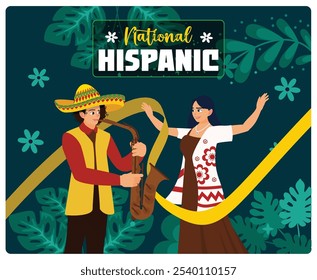 Homem usando um sombrero e tocando trompete. Uma mulher está dançando em folhas tropicais ao fundo. Conceito de Mês da Herança Hispânica. Ilustração de vetor plano.