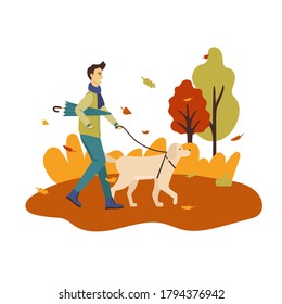 Man wearing sport clothes with umbrella and walking with a dog in the park in the autumn. Vector flat cartoon illustration