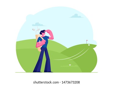 Man Wearing Sports Uniform With Professional Equipment Playing Golf On Green Field, Watching Ball Flying To Hole. Sport Game Tournament, Summer Luxury Recreation. Cartoon Flat Vector Illustration