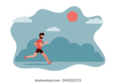 A man wearing sportswear jogs or runs in the park. Outdoor exercise. Athletics. Lifestyle for good health. Vector illustration flat design style