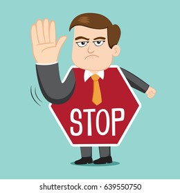 Man wearing a stop sign costume showing stop gesture, vector illustration cartoon