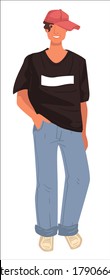 Man Wearing Stylish Clothes In Hip Hop Style, Isolated Male Character In Cap, Oversized Tshirt And Baggy Trousers. Fashion And Stylish Outfit For Guys, Youth And Boys. Vector In Flat Illustration