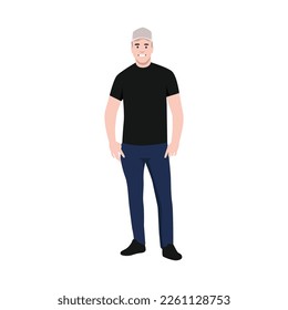 Man wearing stylish clothes in hip hop style, isolated male character in cap, Black tshirt and baggy trousers. Fashion and stylish outfit for guys, youth and boys.