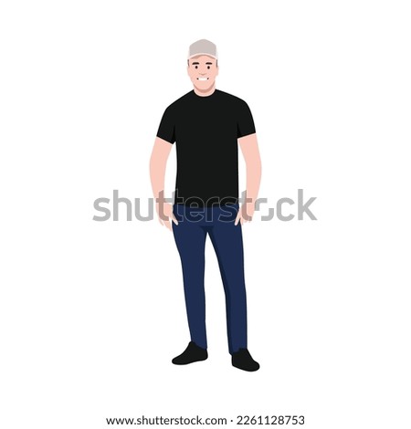 Man wearing stylish clothes in hip hop style, isolated male character in cap, Black tshirt and baggy trousers. Fashion and stylish outfit for guys, youth and boys.