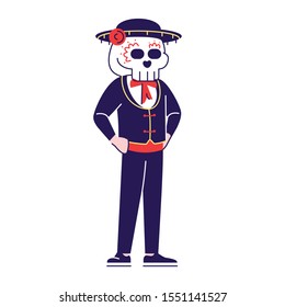 Man wearing sugar scull face flat vector illustrations set. Cartoon character with outline elements isolated on white background. Dia de los Muertos celebration outfit. Mexican day of dead