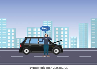 A Man Wearing A Suit, Asking For Help On His Mobile For A Broken Car. A Car Broke Middle Of An Urban Road And The Businessman Asked For Help. A Black Car With A Long-haired Man Flat Character Design.