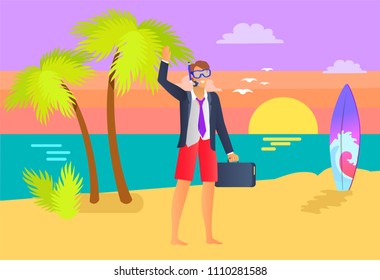 Man wearing suit with briefcase at seaside, sunset flying seagulls, surfing board and freelancer in diving mask on coastline, advantages of freelance vector