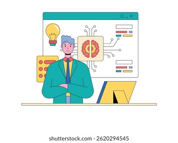 Man wearing suit is checking website database, certified professional digital. Design character. Vector flat illustration
