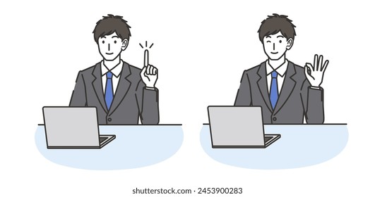 A man wearing a suit with a computer and pointing poseOK pose