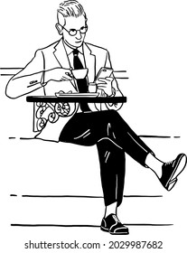 Man wearing suit drink hot coffee in cafe People lifestyle in city Hand drawn line art Illustration