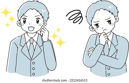 A man wearing a suit with an excited expression and a troubled expression illustration set