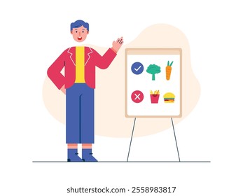 Man wearing a suit is explaining about eating vegetables and not junk food, healthy living. Character design. Vector flat illustration