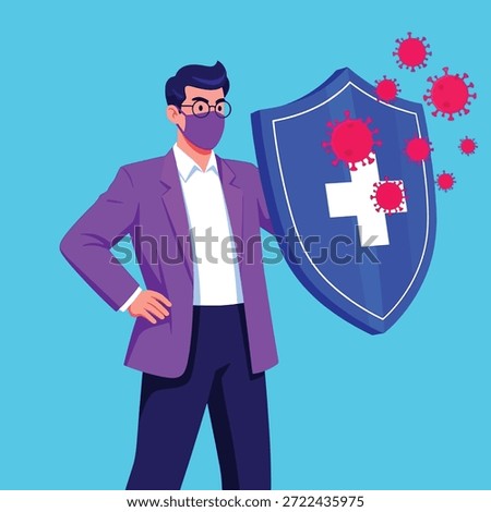 A man wearing a suit and face mask holds a shield to protect against the coronavirus.