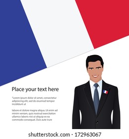 man wearing suit, France flag background