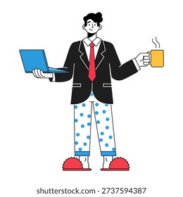 Man wearing a suit jacket and tie with comfortable pajama bottoms and slippers holding a laptop and steaming mug illustrating the remote work lifestyle