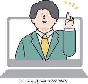 Un hombre con traje que apunta con una sonrisa (laptop)