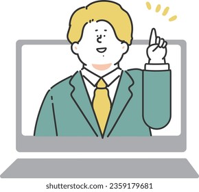 Un hombre con traje que apunta con una sonrisa (laptop)