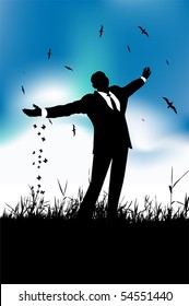 Man is wearing suit rest on nature, black silhouette