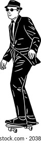 Man wearing suit riding on skateboard outdoor activity Hand drawn line art illustration 