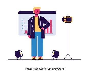 Hombre con traje está filmando con cámara en el estudio, creador de contenido sobre negocios. Diseño de personajes. Ilustración plana de Vector