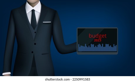 Man Wearing A Suit Showing Computer Pad With Budget 2023 Text. EPS10 Vector