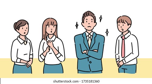 A man is wearing a suit and standing in a cool pose. People are looking at him with envious gaze. hand drawn style vector design illustrations. 