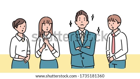 A man is wearing a suit and standing in a cool pose. People are looking at him with envious gaze. hand drawn style vector design illustrations. 