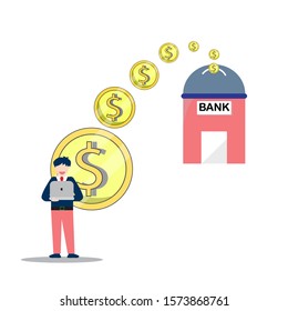 The man is wearing a suit, standing with a notebook, smiling face,he receives money from the bank, the bank transfers the money to him.white background.vector cartoon flat.