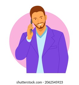 Man wearing a suit and taking a call from his client. Businessman worker. Vector image