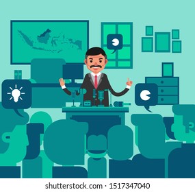 Man wearing suit talking in press conference with journalist vector illustration. editable color and vector. 