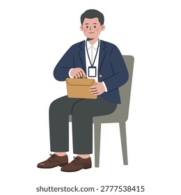 A man wearing a suit and tie sits on a chair holding a briefcase.