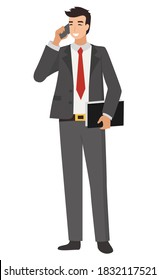 Hombre vestido con traje de corbata, aislado hombre líder de la compañía. Hablando por teléfono, formalwear de una persona de negocios con problemas de estilo plano