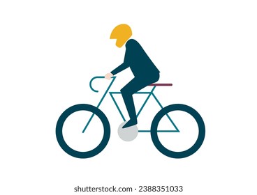 Hombre usando traje con casco y montando una bicicleta. Icono, transporte, símbolo. Ilustración vectorial colorida de estilo plano aislada en fondo blanco.